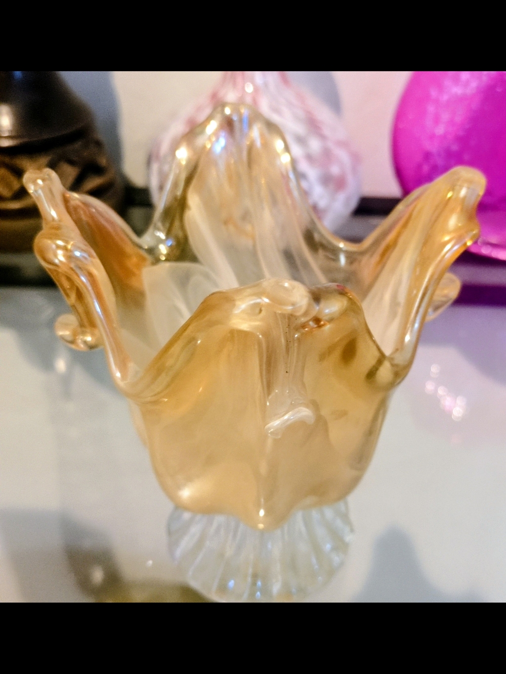 Gold Glass Ruffled Art Vase